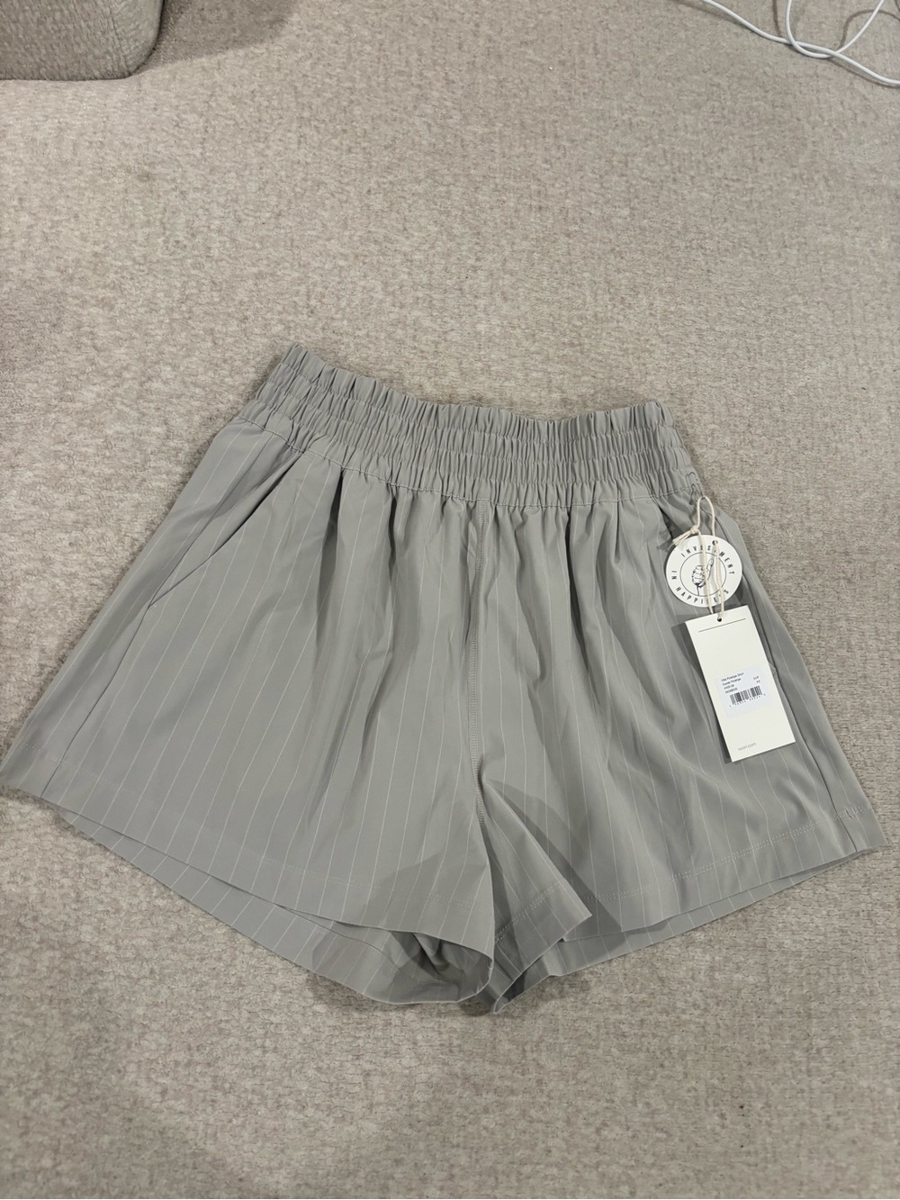 Vuori Light Gray Pinstripe High-Waist Shorts